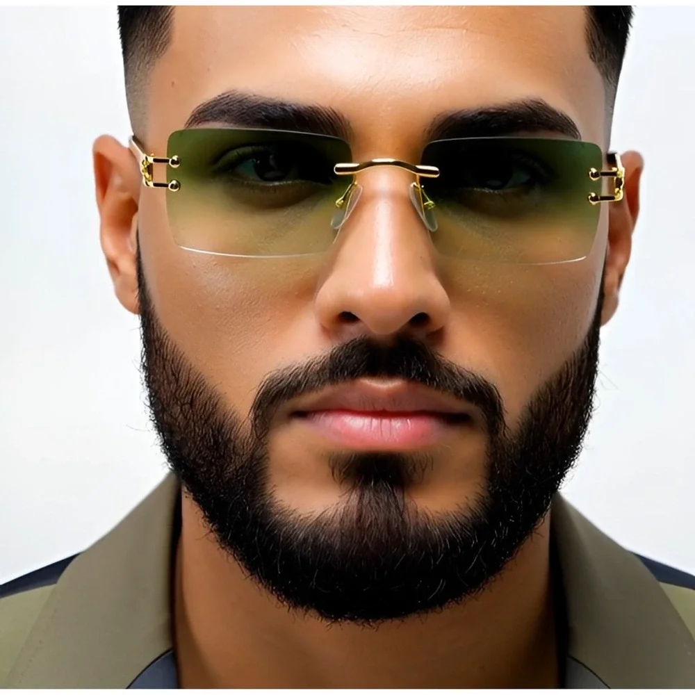 Rimless Sunglasses Green Lens Gold Accents Rectangle Fashion Shades Lentes Gafas
